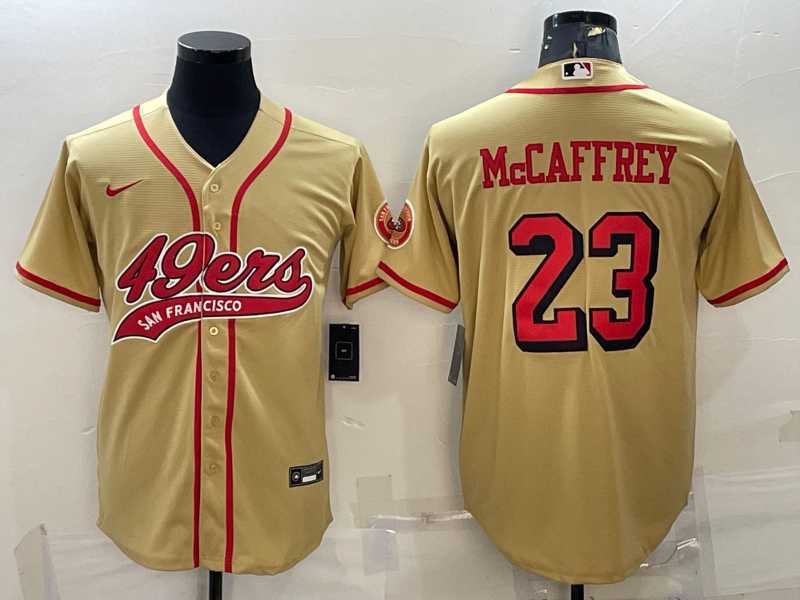 Mens San Francisco 49ers #23 Christian McCaffrey Gold Color Rush With Patch Cool Base Stitched Baseball Jersey